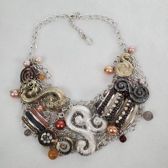 Lucia Multi-strand Metal, Pearl, Rhinestone Chunky Choker Necklace - Picture 2 of 7